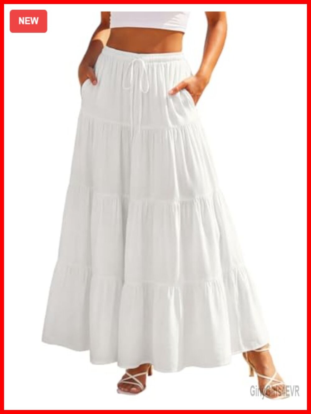 Tiered Ankle Length Flowy Maxi Skirt with Pockets Elastic Waist Renaissance